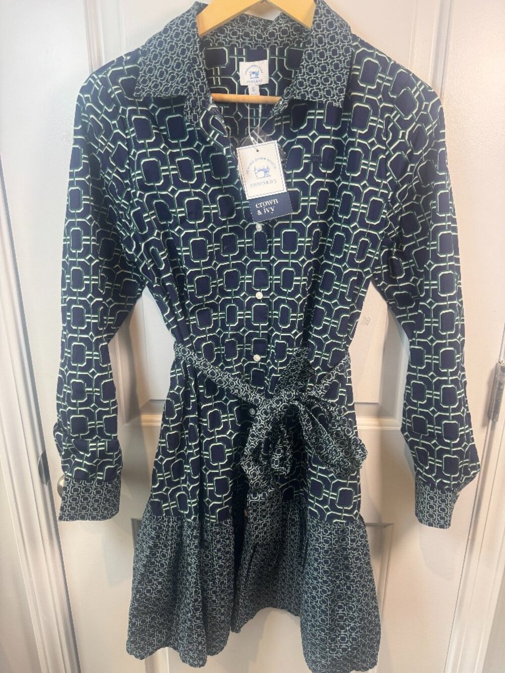 NWT Sewing Down South x Crown & Ivy Brooke Geo Shirt Dress Navy Green Sz S